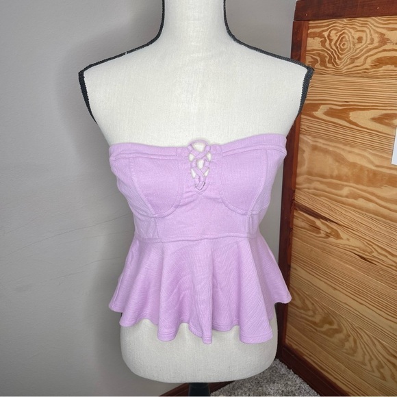 Free People Lavender Purple Strapless Peplum Lace Up Smocked Crop Top Medium - Picture 2 of 9